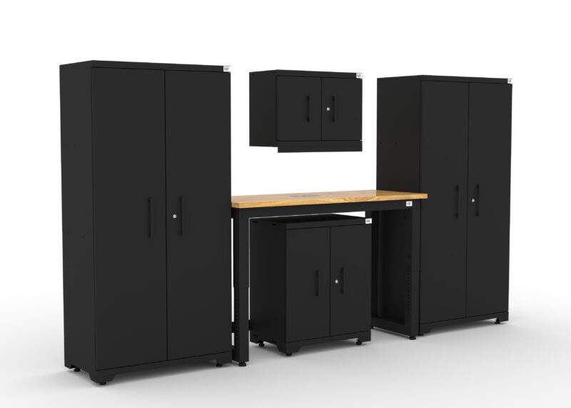 CAT FWSETJ right CAT garage storage cabinet set with 2 lockers, 1 wall cabinet, 1 base cabinet and 48 inch workbench