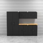 CAT garage storage cabinet set with 1 locker, 2 wall cabinets, 2 base cabinets and 56 inch worktop
