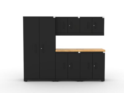 CAT garage storage cabinet set with 1 locker, 2 wall cabinets, 2 base cabinets and 56 inch worktop