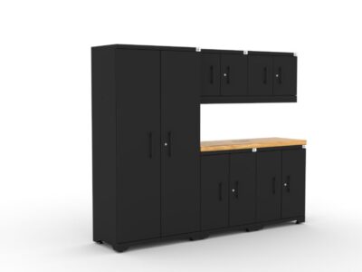 CAT garage storage cabinet set with 1 locker, 2 wall cabinets, 2 base cabinets and 56 inch worktop