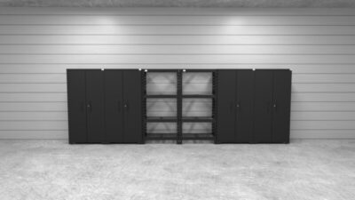 CAT fully-welded garage storage cabinets with 4 lockers and 2 shelving units