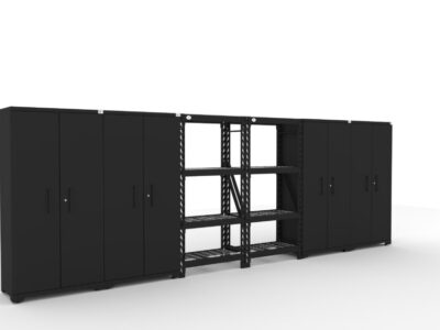 CAT fully-welded garage storage cabinets with 4 lockers and 2 shelving units