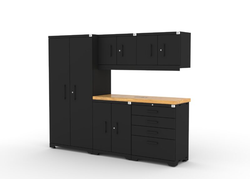 Ensemble de rangement d'atelier CAT avec 1 casier, 2 armoires murales, 1 armoire basse, 1 boîte à outils et plan de travail de 56 pouces