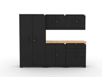 CAT garage storage cabinet set with 1 locker, 2 wall cabinets, 1 base cabinet, 1 tool cabinet and 56 inch worktop