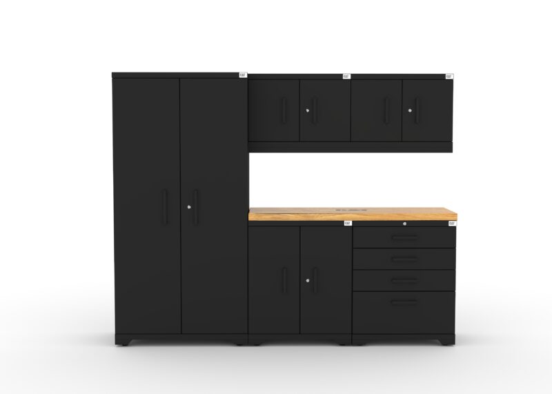 Ensemble de rangement d'atelier CAT avec 1 casier, 2 armoires murales, 1 armoire basse, 1 boîte à outils et plan de travail de 56 pouces