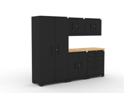CAT garage storage cabinet set with 1 locker, 2 wall cabinets, 1 base cabinet, 1 tool cabinet and 56 inch worktop