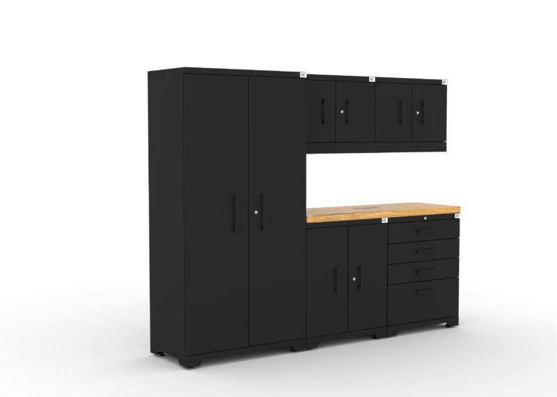 Ensemble de rangement d'atelier CAT avec 1 casier, 2 armoires murales, 1 armoire basse, 1 boîte à outils et plan de travail de 56 pouces