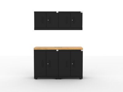 CAT garage storage cabinet set with 2 base cabinets, 2 wall cabinets and 56 inch worktop