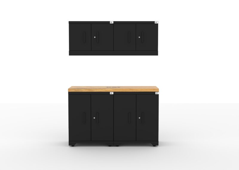 CAT garage storage cabinet set with 2 base cabinets, 2 wall cabinets and 56 inch worktop