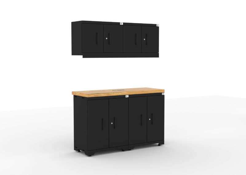 CAT garage storage cabinet set with 2 base cabinets, 2 wall cabinets and 56 inch worktop
