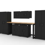 CAT garage storage cabinet set with 2 lockers, 2 wall cabinets, 2 base cabinets and 72 inch workbench