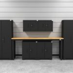 CAT garage storage cabinet set with 2 lockers, 2 wall cabinets, 2 base cabinets and 72 inch workbench