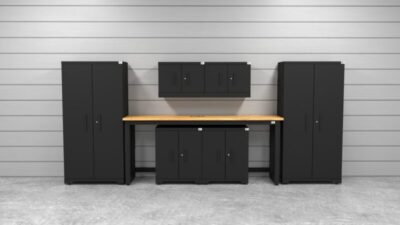 CAT garage storage cabinet set with 2 lockers, 2 wall cabinets, 2 base cabinets and 72 inch workbench