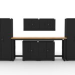 CAT garage storage cabinet set with 2 lockers, 2 wall cabinets, 2 base cabinets and 72 inch workbench