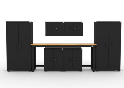 CAT garage storage cabinet set with 2 lockers, 2 wall cabinets, 2 base cabinets and 72 inch workbench