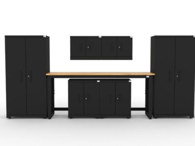 CAT garage storage cabinet set with 2 lockers, 2 wall cabinets, 2 base cabinets and 72 inch workbench