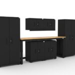 CAT garage storage cabinet set with 2 lockers, 2 wall cabinets, 2 base cabinets and 72 inch workbench