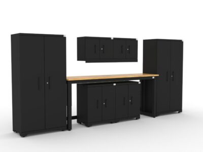 CAT garage storage cabinet set with 2 lockers, 2 wall cabinets, 2 base cabinets and 72 inch workbench