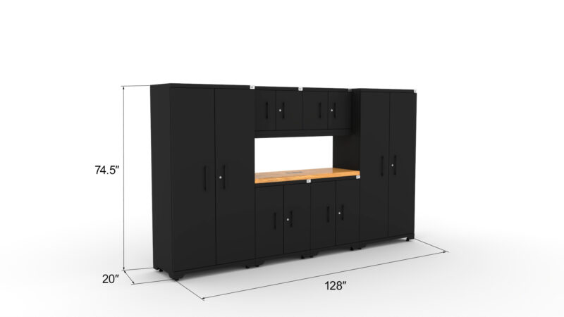 CAT garage storage cabinet set with 2 lockers, 2 wall cabinets, 2 base cabinets and 56 inch worktop
