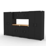 CAT garage storage cabinet set with 2 lockers, 2 wall cabinets, 2 base cabinets and 56 inch worktop