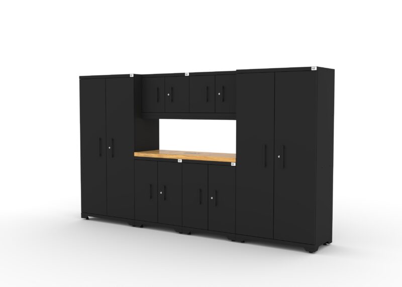 CAT garage storage cabinet set with 2 lockers, 2 wall cabinets, 2 base cabinets and 56 inch worktop