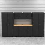 CAT garage storage cabinet set with 2 lockers, 2 wall cabinets, 2 base cabinets and 56 inch worktop