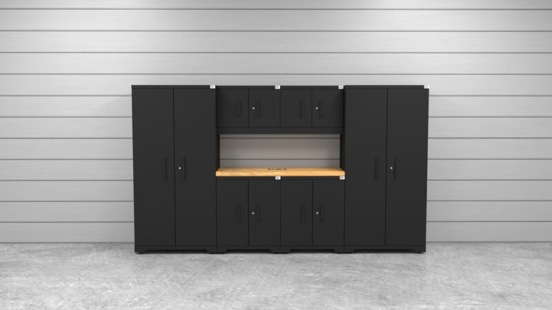 CAT garage storage cabinet set with 2 lockers, 2 wall cabinets, 2 base cabinets and 56 inch worktop