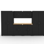 CAT garage storage cabinet set with 2 lockers, 2 wall cabinets, 2 base cabinets and 56 inch worktop