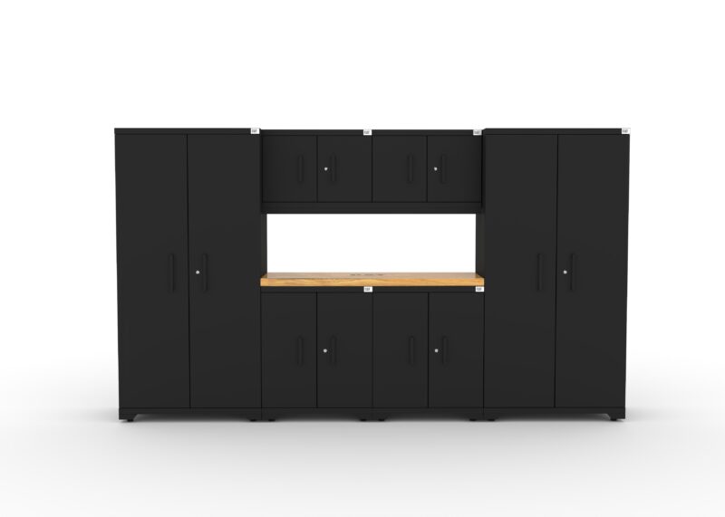 CAT garage storage cabinet set with 2 lockers, 2 wall cabinets, 2 base cabinets and 56 inch worktop