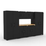 CAT garage storage cabinet set with 2 lockers, 2 wall cabinets, 2 base cabinets and 56 inch worktop