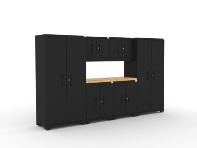 CAT garage storage cabinet set with 2 lockers, 2 wall cabinets, 2 base cabinets and 56 inch worktop