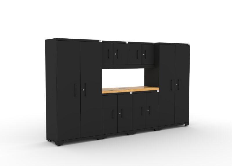 CAT garage storage cabinet set with 2 lockers, 2 wall cabinets, 2 base cabinets and 56 inch worktop