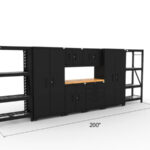 Garage storage cabinets with 2 lockers, 2 wall cabinets, 1 base cabinet, 1 tool cabinet, 2 shelving units and 56 inch solid wood worktop