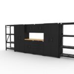 Garage storage cabinets with 2 lockers, 2 wall cabinets, 1 base cabinet, 1 tool cabinet, 2 shelving units and 56 inch solid wood worktop