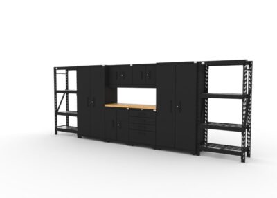 Garage storage cabinets with 2 lockers, 2 wall cabinets, 1 base cabinet, 1 tool cabinet, 2 shelving units and 56 inch solid wood worktop