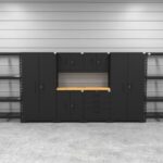 Garage storage cabinets with 2 lockers, 2 wall cabinets, 1 base cabinet, 1 tool cabinet, 2 shelving units and 56 inch solid wood worktop