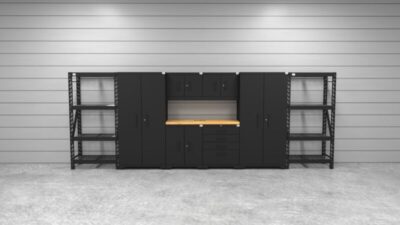 Garage storage cabinets with 2 lockers, 2 wall cabinets, 1 base cabinet, 1 tool cabinet, 2 shelving units and 56 inch solid wood worktop