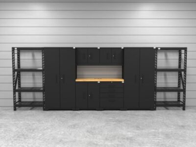 Garage storage cabinets with 2 lockers, 2 wall cabinets, 1 base cabinet, 1 tool cabinet, 2 shelving units and 56 inch solid wood worktop