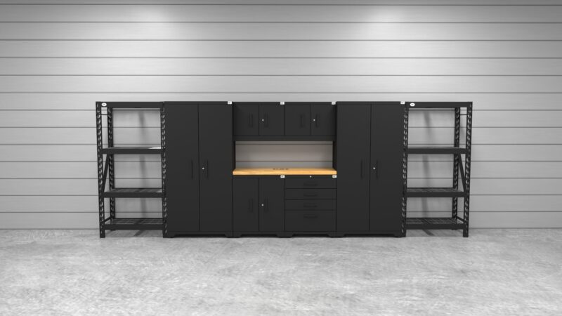 Meubles de rangement de garage avec 2 casiers, 2 armoires murales, 1 meuble bas, 1 établi, 2 étagères et dessus de établi en bois massif de 56 pouces