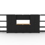 Garage storage cabinets with 2 lockers, 2 wall cabinets, 1 base cabinet, 1 tool cabinet, 2 shelving units and 56 inch solid wood worktop