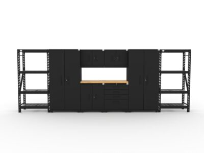 Garage storage cabinets with 2 lockers, 2 wall cabinets, 1 base cabinet, 1 tool cabinet, 2 shelving units and 56 inch solid wood worktop