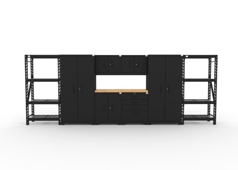 Meubles de rangement de garage avec 2 casiers, 2 armoires murales, 1 meuble bas, 1 établi, 2 étagères et dessus de établi en bois massif de 56 pouces