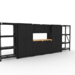 Garage storage cabinets with 2 lockers, 2 wall cabinets, 1 base cabinet, 1 tool cabinet, 2 shelving units and 56 inch solid wood worktop