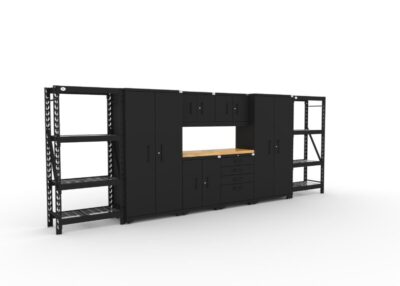 Garage storage cabinets with 2 lockers, 2 wall cabinets, 1 base cabinet, 1 tool cabinet, 2 shelving units and 56 inch solid wood worktop