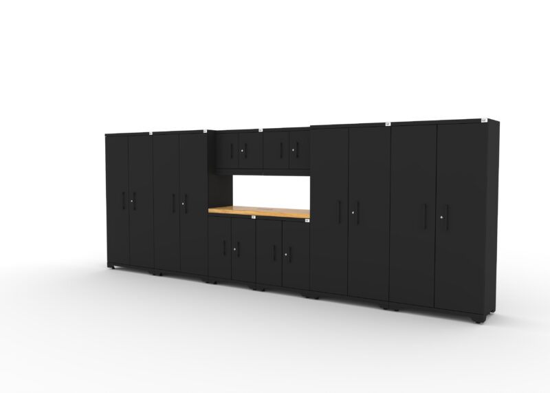 CAT FWSETR left CAT garage storage cabinet set with 4 lockers, 2 wall cabinets, 2 base cabinets and 56 inch worktop