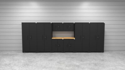 Mode de vie CAT FWSETR Ensemble d'armoires de rangement pour garage CAT avec 4 casiers, 2 armoires murales, 2 armoires de base et un plan de travail de 56 pouces