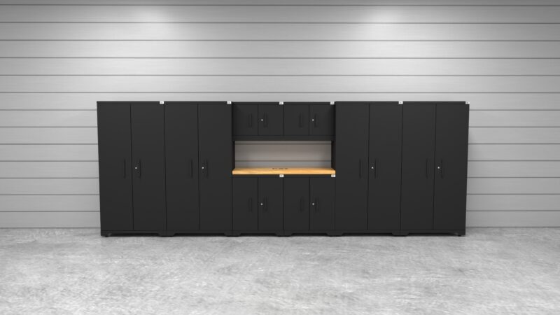 CAT FWSETR lifestyle CAT garage storage cabinet set with 4 lockers, 2 wall cabinets, 2 base cabinets and 56 inch worktop