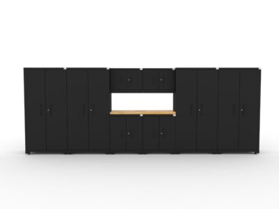 CAT garage storage cabinet set with 4 lockers, 2 wall cabinets, 2 base cabinets and 56 inch worktop