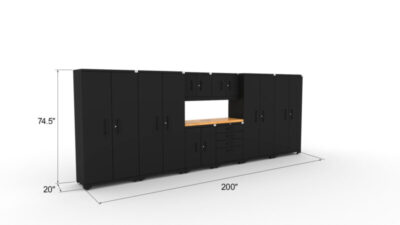 CAT garage storage cabinet set with 4 lockers, 2 wall cabinets, 2 base cabinets and 56 inch worktop