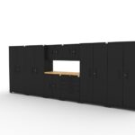 CAT garage storage cabinet set with 4 lockers, 2 wall cabinets, 2 base cabinets and 56 inch worktop